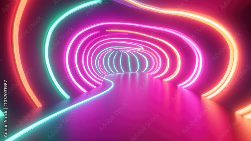 Neon Spectrum Tunnel with Vibrant Energy Flow. 3D Render. Neon Spectrum Tunnel with Vibrant Energy Flow. 3D Render.