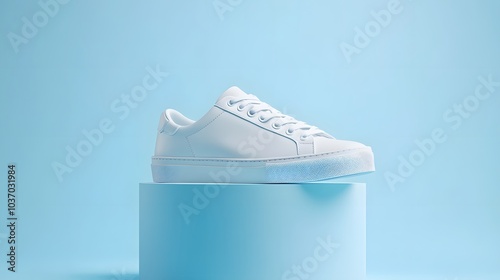 White sneaker on a pedestal against a light blue gradient, featuring minimalist product photography with clean design and crisp details for a commercial look. photo