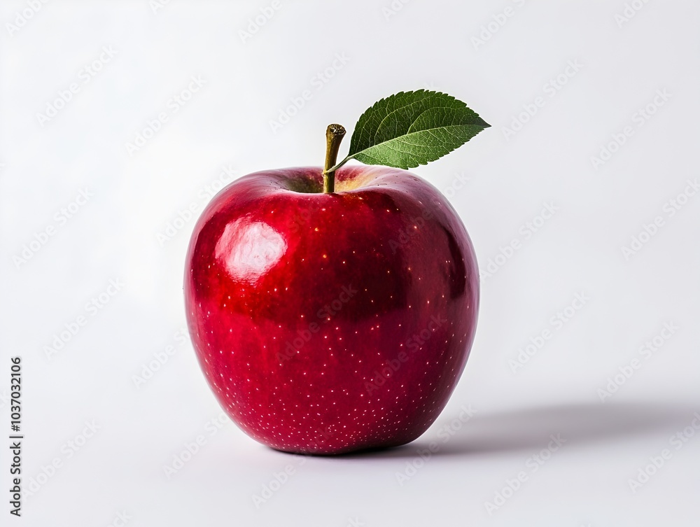 Shiny Red Apple with Attached Leaf on Isolated White Background Shiny Red Apple with Attached Leaf on Isolated White Background