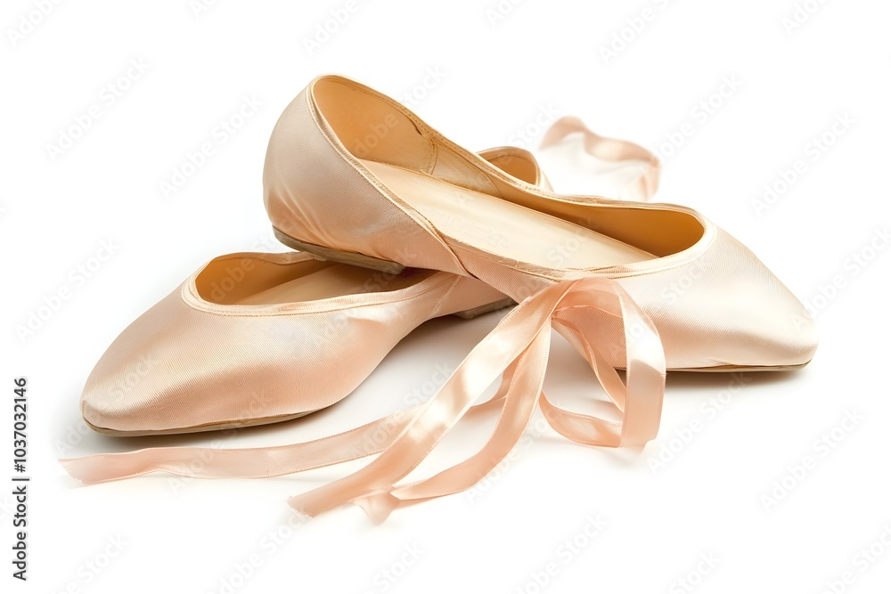 Worn Ballet Slippers with Untied Ribbons on White Background Symbolizing Dedication and Worn Ballet Slippers with Untied Ribbons on White Background Symbolizing Dedication and