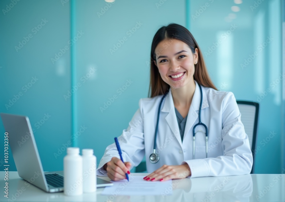 Professional female physician smiling in a clinical setting. Professional female physician smiling in a clinical setting.