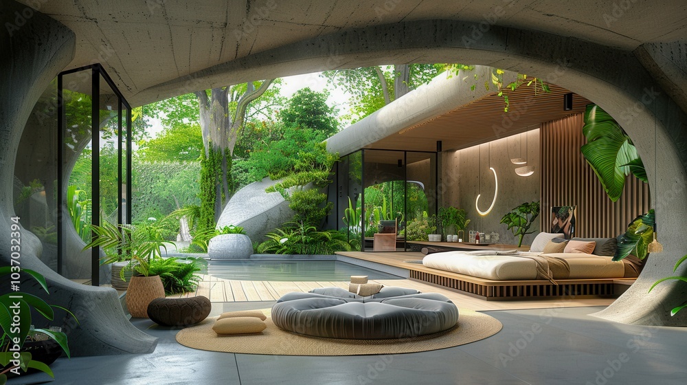 Fototapeta premium Modern Indoor-Outdoor Space with Natural Light and Tranquil Ambiance