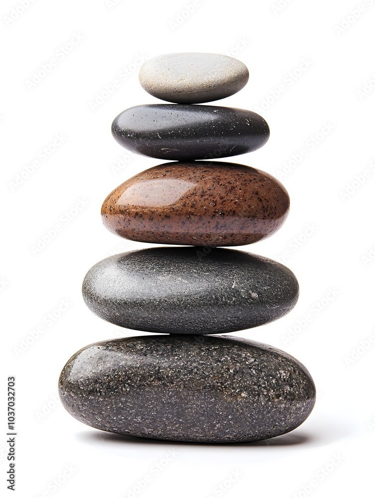 Stacked Polished River Stones Symbolizing Tranquility and Balance on White Background Stacked Polished River Stones Symbolizing Tranquility and Balance on White Background