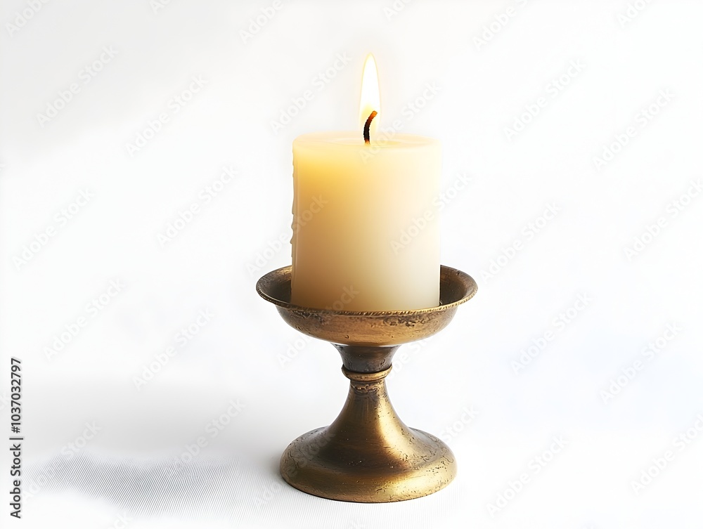 Flickering Brass Candlestick Burning Softly on Isolated White Background Symbolizing Warmth and Hope Flickering Brass Candlestick Burning Softly on Isolated White Background Symbolizing Warmth and Hope
