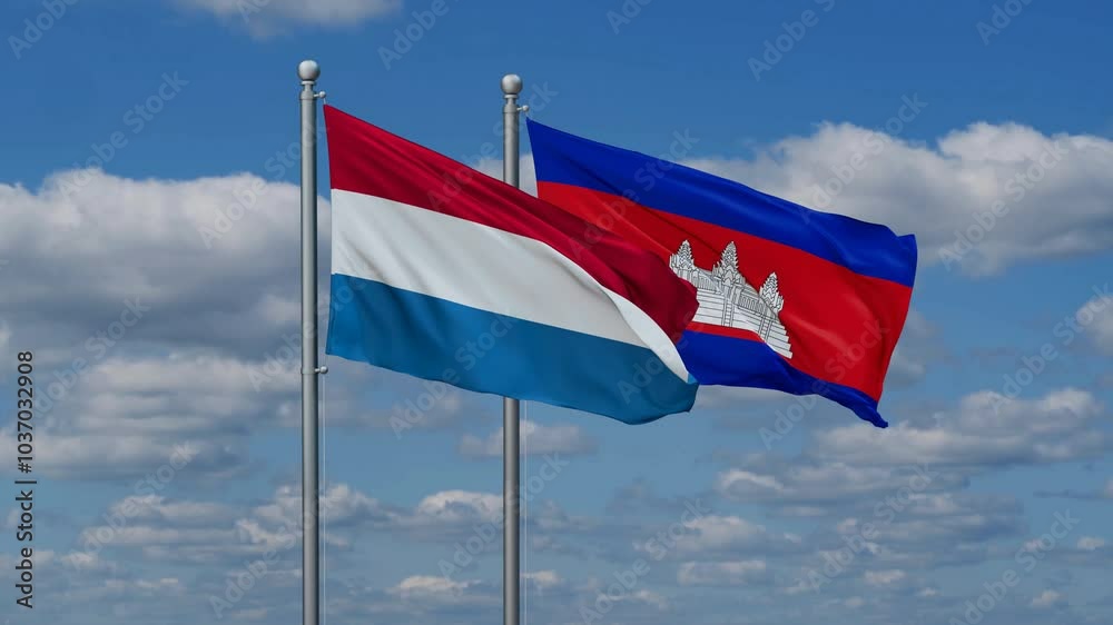 Cambodia and Luxembourg flags flying together, video concept of the relationship, two country relations concept Cambodia and Luxembourg flags flying together, video concept of the relationship, two country relations concept