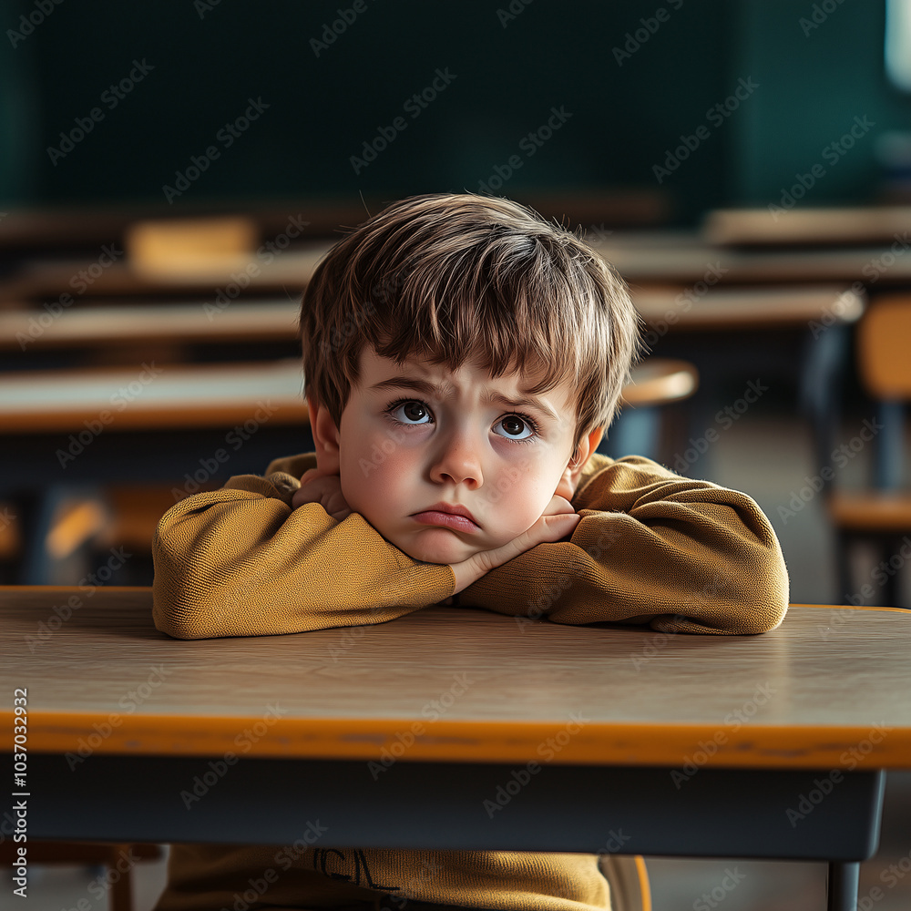 Young boy feeling lonely at school sitting at desk Young boy feeling lonely at school sitting at desk