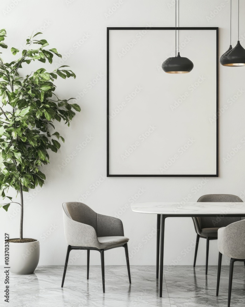Fototapeta premium Contemporary Dining Room Interior with Empty Poster Frame - 3D Rendering