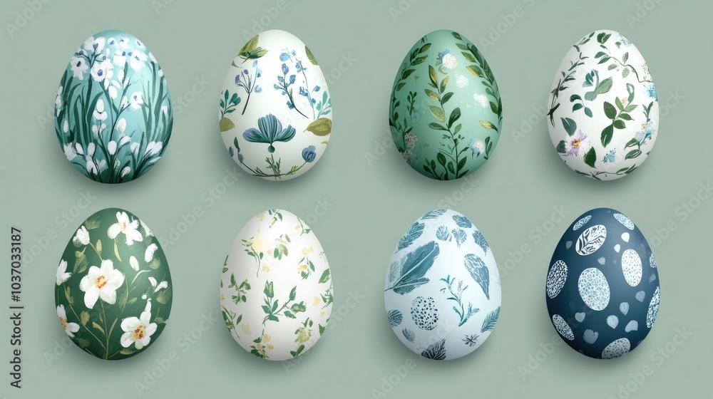 Easter Egg Collection: Elegant Floral Patterns on Perfectly Arranged Eggs. Vibrant Green and Blue Background Easter Egg Collection: Elegant Floral Patterns on Perfectly Arranged Eggs. Vibrant Green and Blue Background