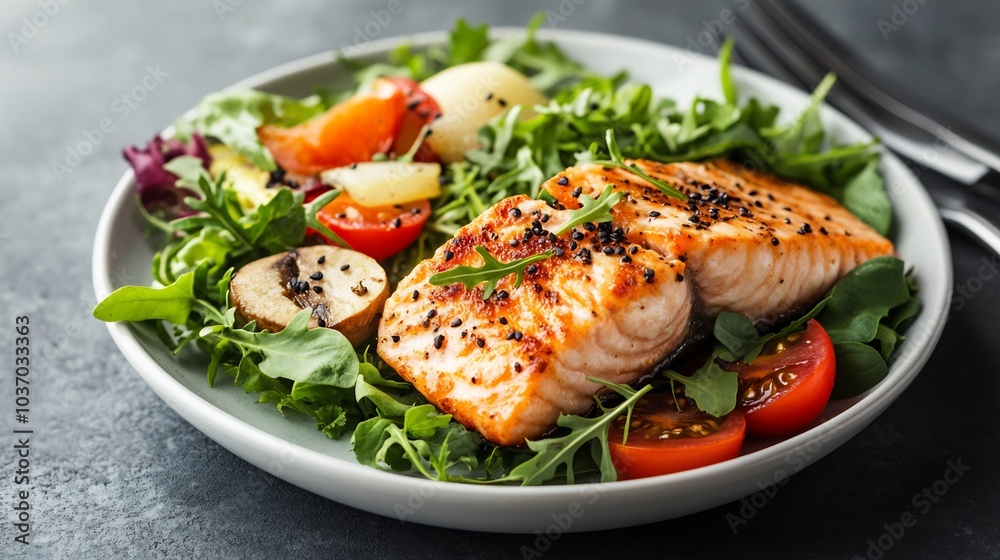 Beautifully arranged lunch plate with calorieconscious ingredients and a clean background no people Beautifully arranged lunch plate with calorieconscious ingredients and a clean background no people