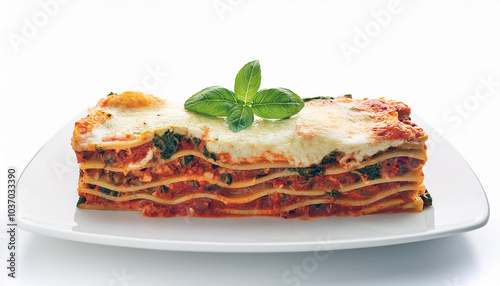 A delectable vegetarian lasagna, artfully plated. Layers of pasta, spinach, and ricotta cheese are visible, topped with melted mozzarella and a sprig of fresh basil. A culinary masterpiece! photo