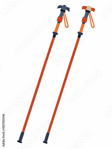 Trekking poles, hiking sticks. Adventure, active travel equipment. Mountaineering touristic gear, walking staffs pair. Flat cartoon vector graphic illustration isolated on white background

