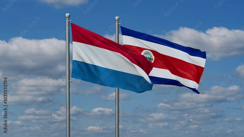 Costa Rico and Luxembourg flags flying together, video concept of the relationship, two country cooperation concept Costa Rico and Luxembourg flags flying together, video concept of the relationship, two country cooperation concept