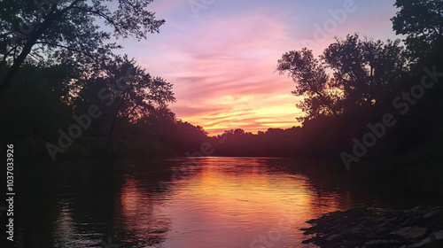 A sunset view over a calm river, with silhouettes of trees against the colorful sky.
