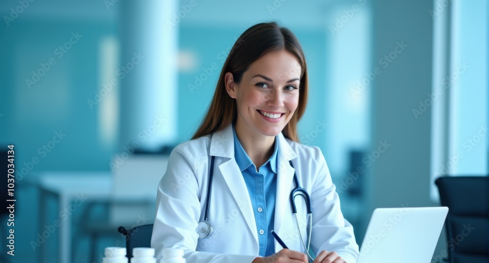Female doctor writing notes in a clinical environment, ready to assist. Female doctor writing notes in a clinical environment, ready to assist.