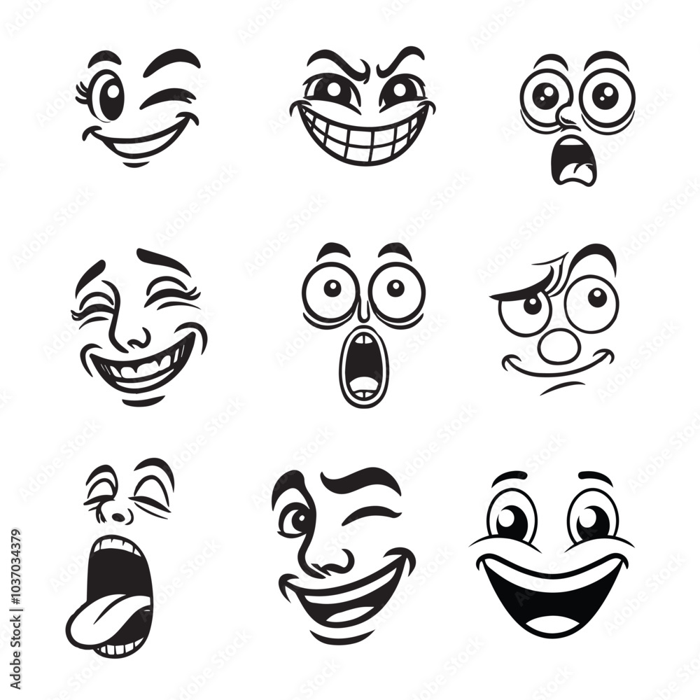 Set of Retro Cartoon Face Clipart Design - Retro Facial Mood Vector Illustration Set of Retro Cartoon Face Clipart Design - Retro Facial Mood Vector Illustration