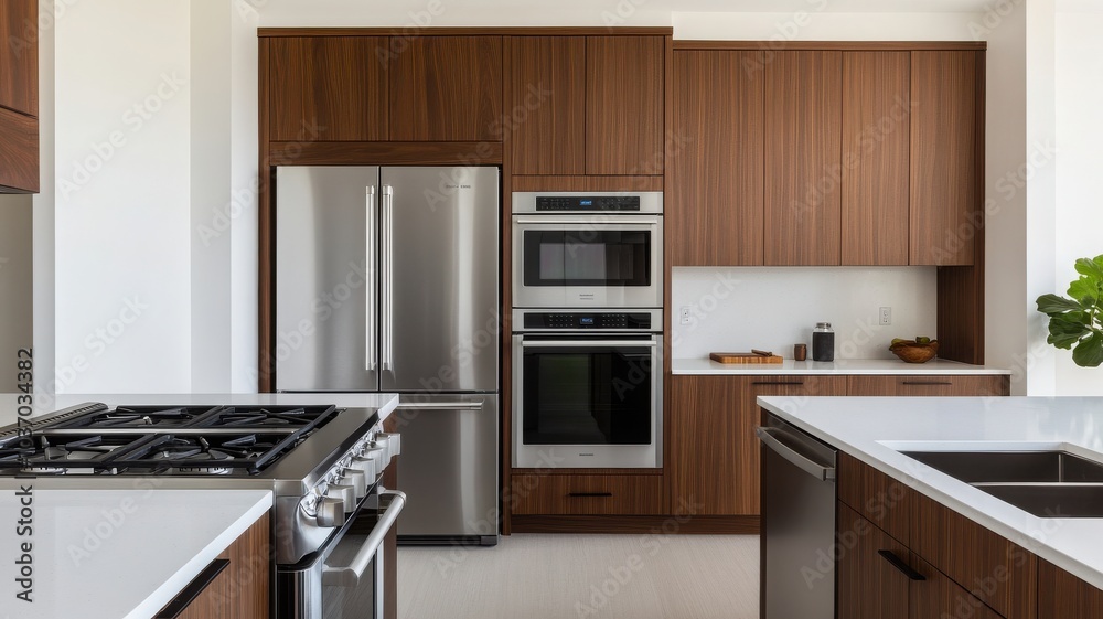 Modern kitchen with wooden cabinets, stainless appliances, and a sleek countertop, perfect for cooking and entertaining. Modern kitchen with wooden cabinets, stainless appliances, and a sleek countertop, perfect for cooking and entertaining.