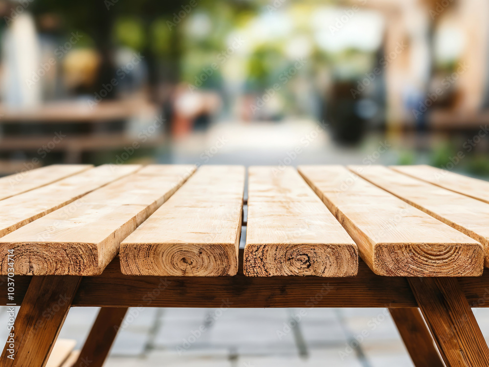 Empty wooden table with blurred street cafe background