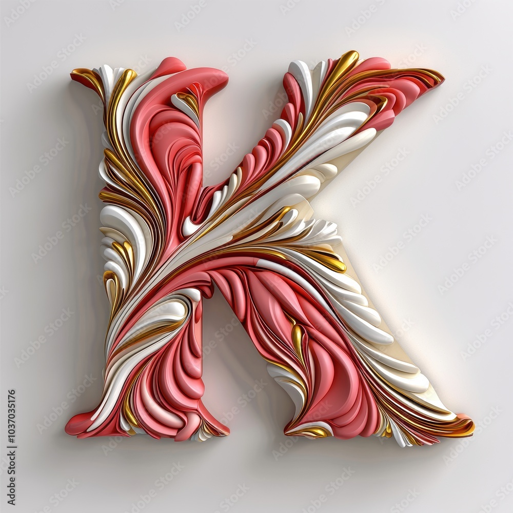 Obraz premium Soft Coral Red 3D Letter K Design with Floral Elements