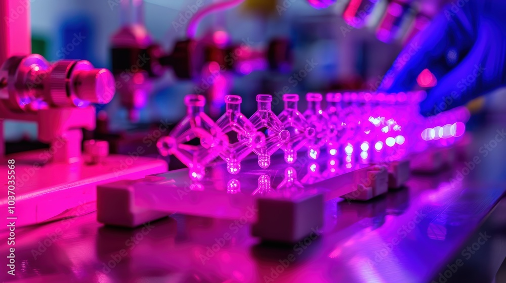 Laboratory Experiment with Pink Glassware and Lighting