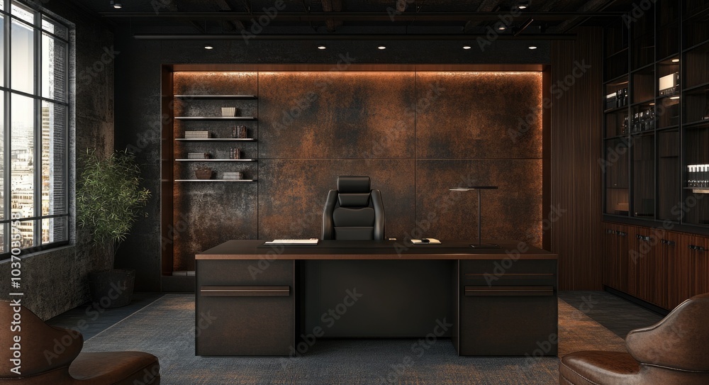 Fototapeta premium Luxurious Industrial Office Interior Design with Contemporary Dark Brown Decor