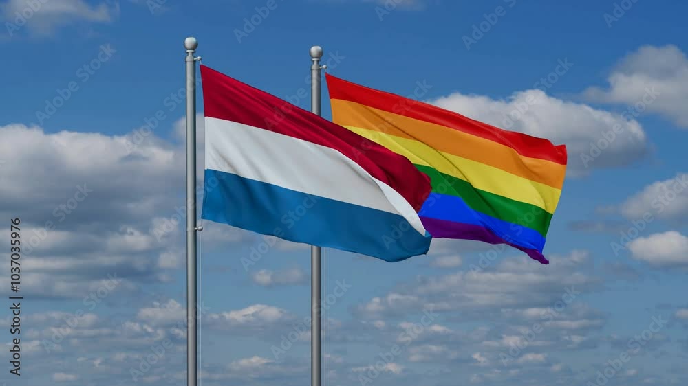 LGBT movement flag also Gay Pride and Luxembourg two flags waving cycle looped video, tolerance conception in country LGBT movement flag also Gay Pride and Luxembourg two flags waving cycle looped video, tolerance conception in country