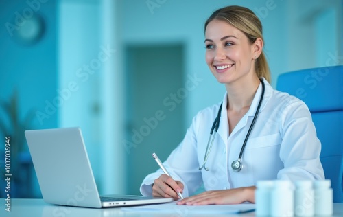 Medical professional writing at her desk, smiling in a clinic.