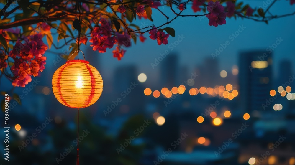 a single Indian style eco-friendly diwali lantern hanged on tree flowers branch coming from side, with cityscape with glowing diyas at distance in background, evening, bokeh, cinematic