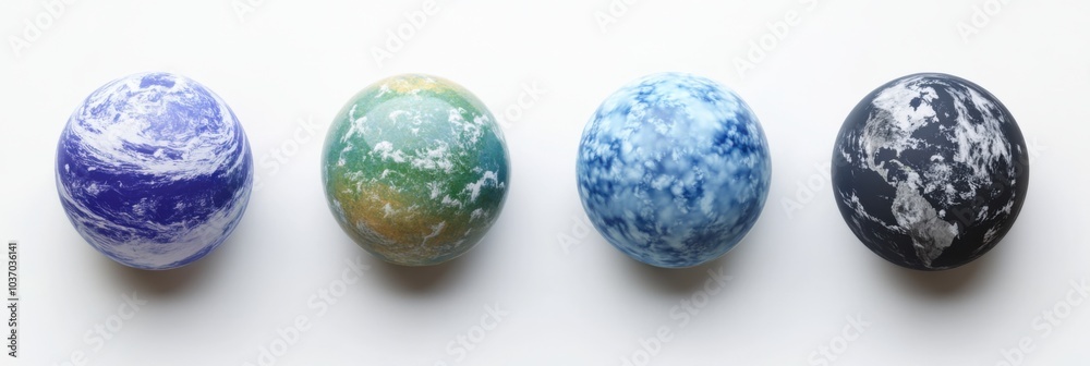 Four different colored globes representing diverse earth concepts on white background Four different colored globes representing diverse earth concepts on white background
