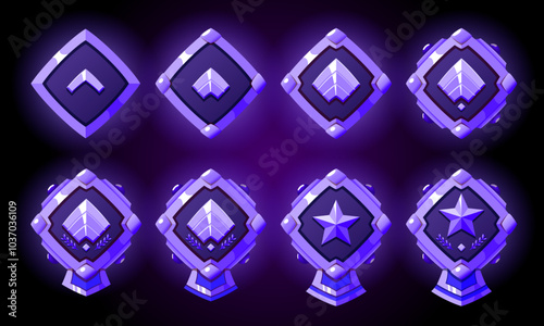 Silvered level rank symbols set. Military badges patent for games. Realistic vector with stars, gemstones and ribbon.