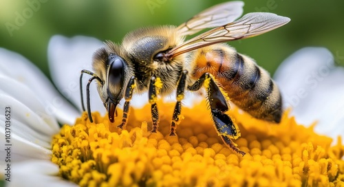 Macro Close-up of a Bumblebee Collecting Nectar from a Yellow Flower in Summer