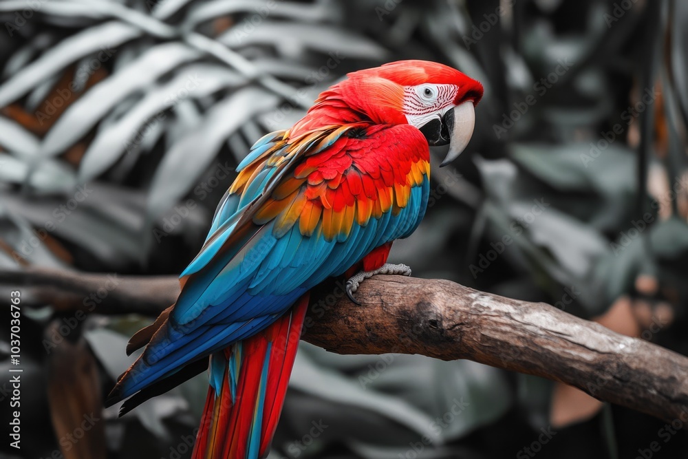 Fototapeta premium Vibrant Parrot Beauty: Scarlet Macaw Flaunting its Colorful Plumage in the Wild