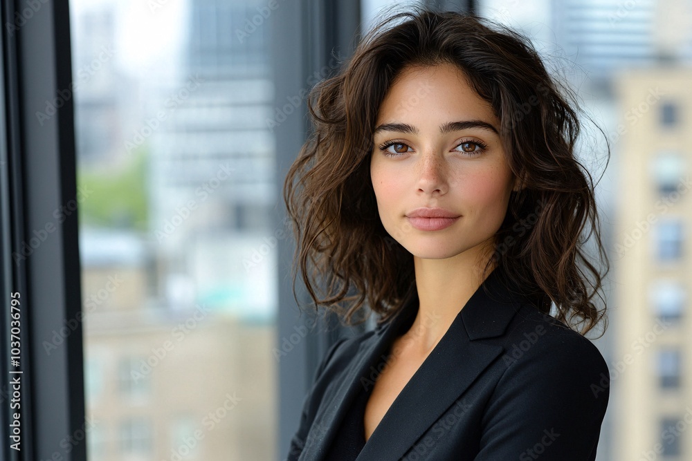 Close-Up of Posed Business Woman with Wavy Hair in Modern Style and Natural Lighting