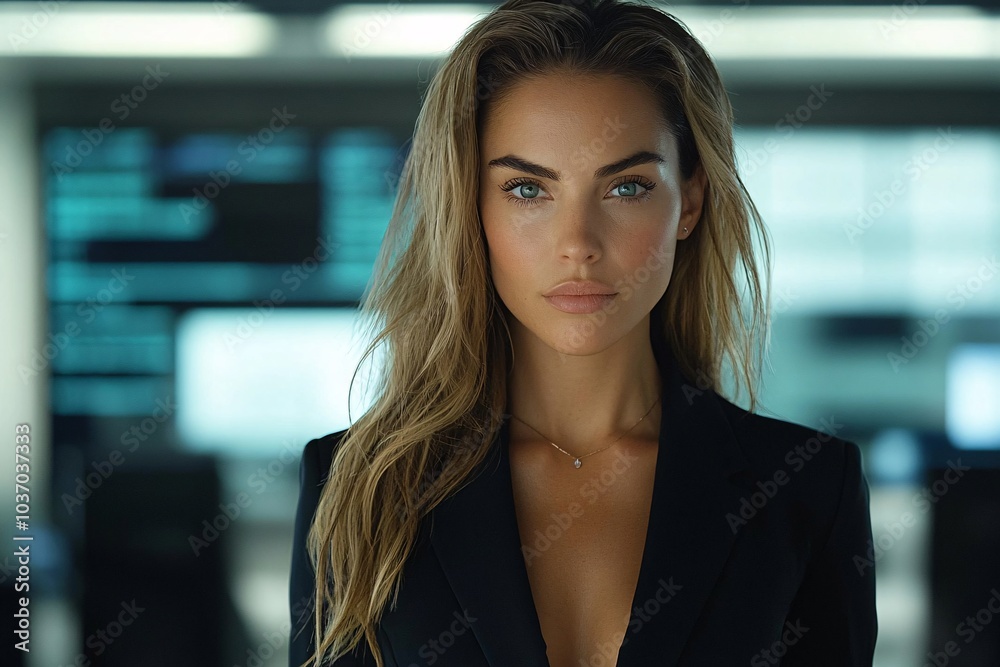 Close-Up of Posed Business Woman with Wavy Hair in Modern Style and Natural Lighting