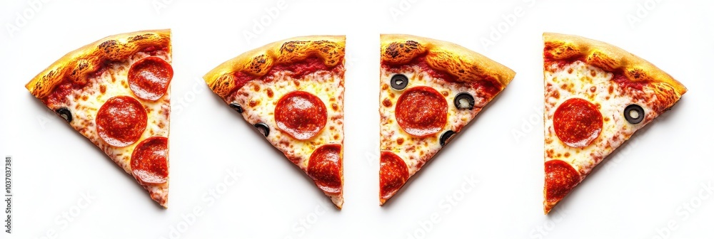 Four pepperoni pizza slices with olives on white background Four pepperoni pizza slices with olives on white background