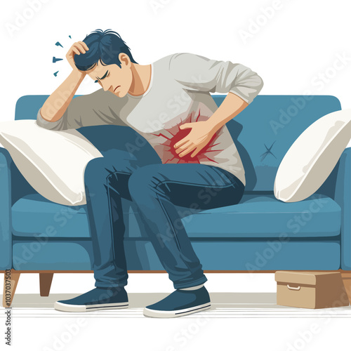 A man is sitting on a couch with a stomach ache
