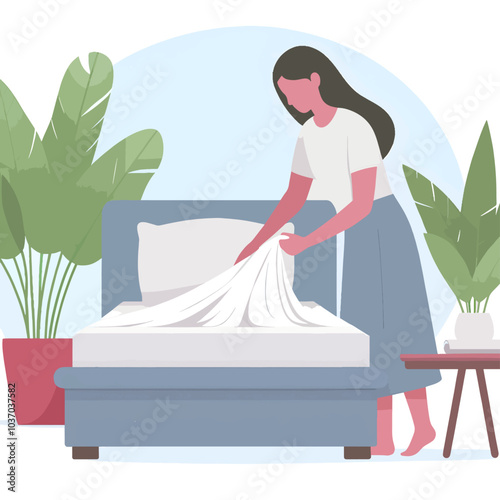 A woman is making a bed with a white sheet