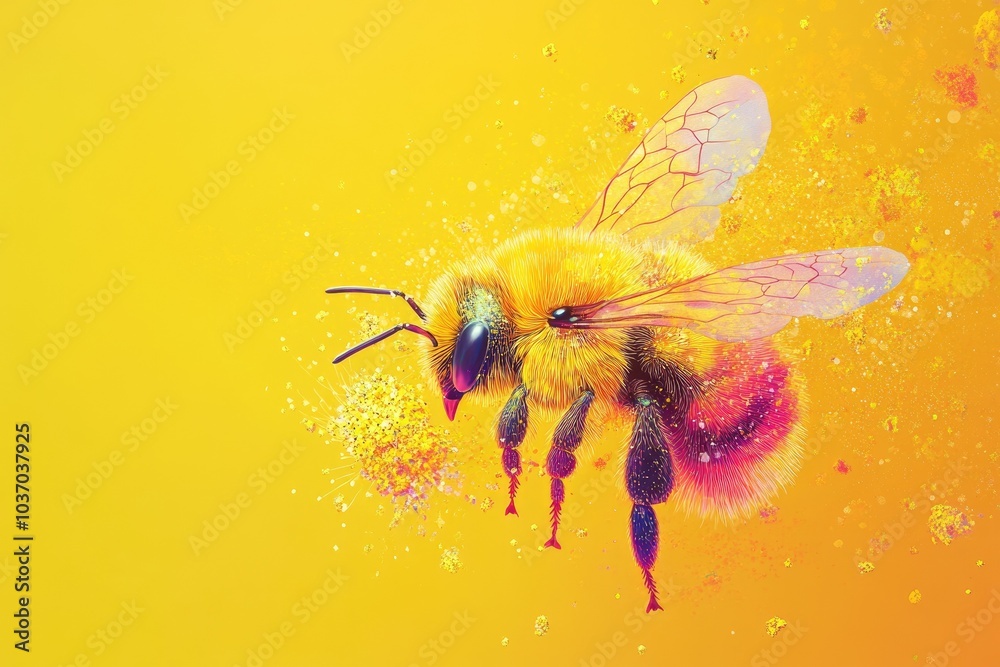 Naklejka premium Vibrant Illustration of a Bee Collecting Pollen in a Yellow Floral Environment