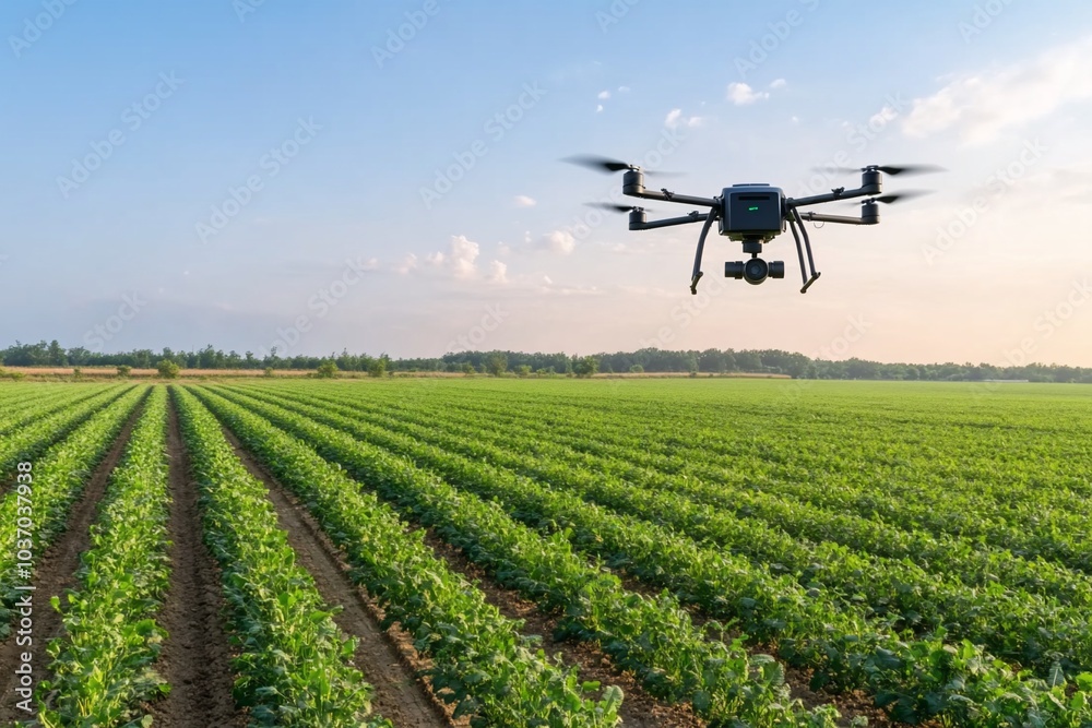 A drone flying over a lush green field of crops at sunset. A drone flying over a lush green field of crops at sunset.