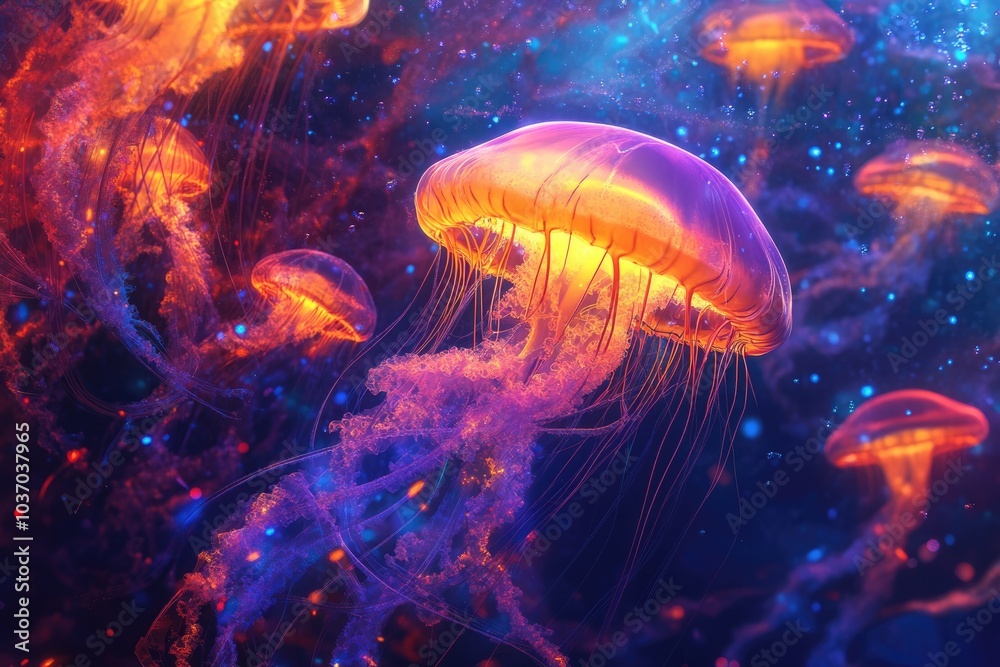 Neon Glowing Jellyfish in Abstract Oceanic Environment