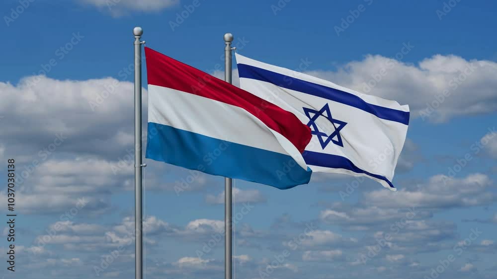 Israel and Luxembourg flags flying together, video concept of the relationship, two country relations concept Israel and Luxembourg flags flying together, video concept of the relationship, two country relations concept