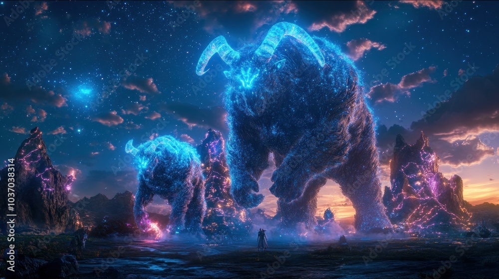 Mystical landscape with rock giants, stars, and magic in the air Mystical landscape with rock giants, stars, and magic in the air
