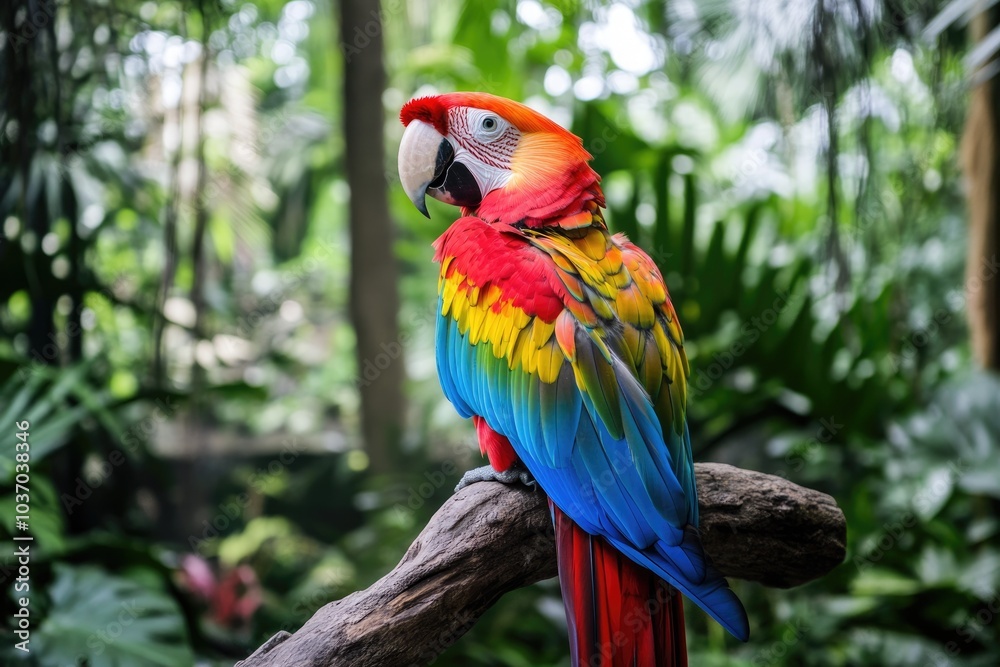 Vibrant Macaw Parrot Perched in Lush Tropical Setting with Brilliant Red and Blue Plumage Vibrant Macaw Parrot Perched in Lush Tropical Setting with Brilliant Red and Blue Plumage