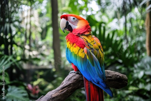 Vibrant Macaw Parrot Perched in Lush Tropical Setting with Brilliant Red and Blue Plumage