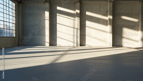 Spacious industrial interior with natural light casting shadows.