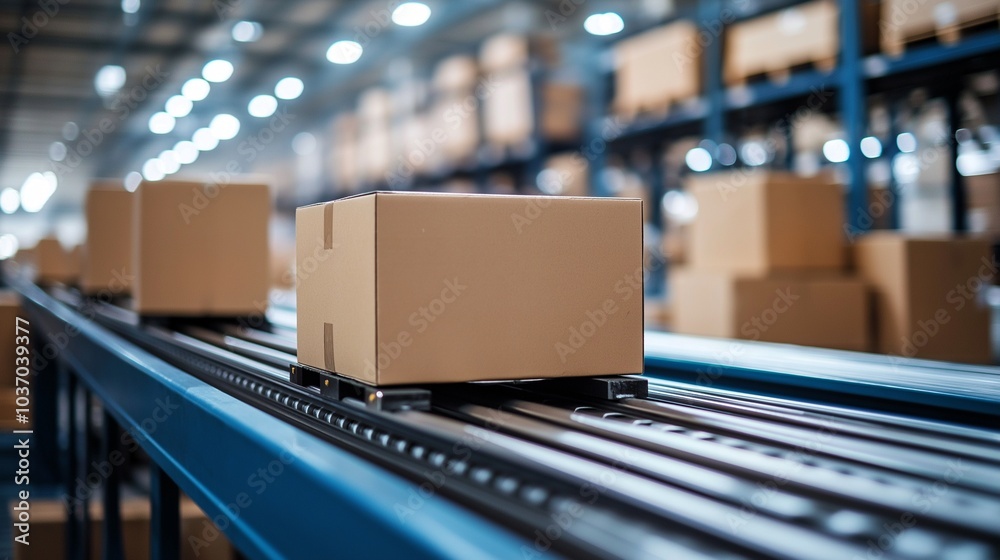 Cardboard boxes journey along a modern conveyor belt, symbolizing the seamless flow of goods in a busy warehouse. The image evokes a sense of efficiency, organization. generative ai illustration. Cardboard boxes journey along a modern conveyor belt, symbolizing the seamless flow of goods in a busy warehouse. The image evokes a sense of efficiency, organization. generative ai illustration.