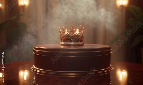 A golden crown on a wooden pedestal with a mystical fog, surrounded by candles. photo