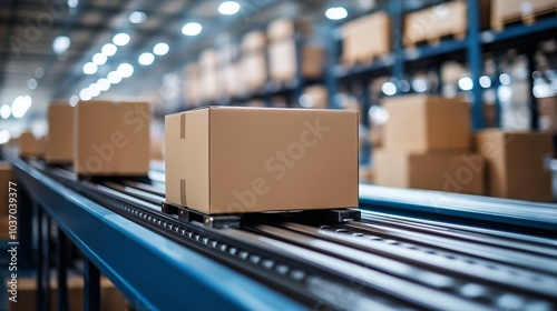 Cardboard boxes journey along a modern conveyor belt, symbolizing the seamless flow of goods in a busy warehouse. The image evokes a sense of efficiency, organization. generative ai illustration.