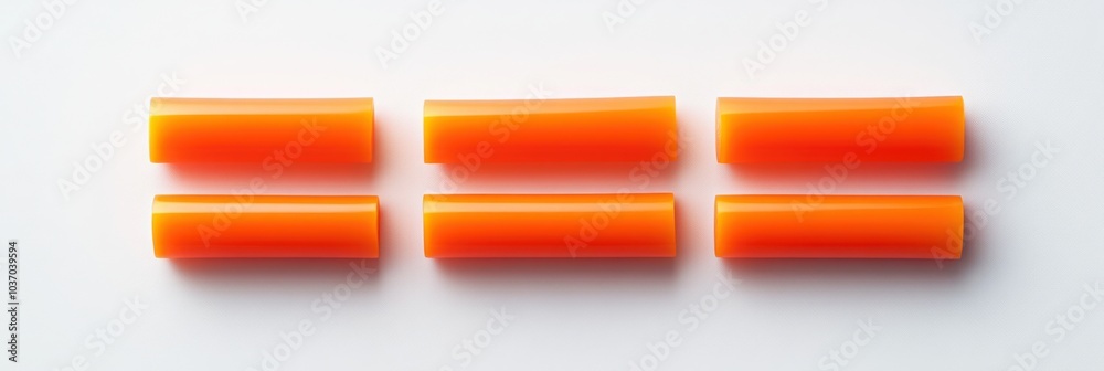 Fototapeta premium Six orange foam cylinders aligned horizontally on white background