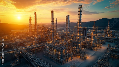 Golden Hour Refinery. Majestic industrial landscape at sunset, showcasing a sprawling oil refinery complex with intricate structures and glowing lights against a vibrant sky.generative ai illustration photo