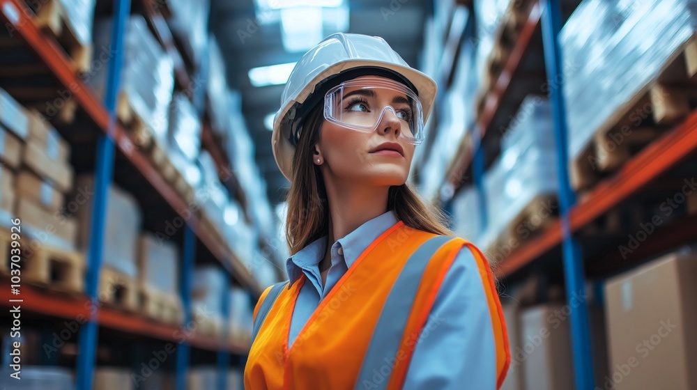 Focused on the Task. A woman in a hard hat and safety vest stands in a warehouse, her gaze fixed on the task at hand. generative ai illustration. Focused on the Task. A woman in a hard hat and safety vest stands in a warehouse, her gaze fixed on the task at hand. generative ai illustration.